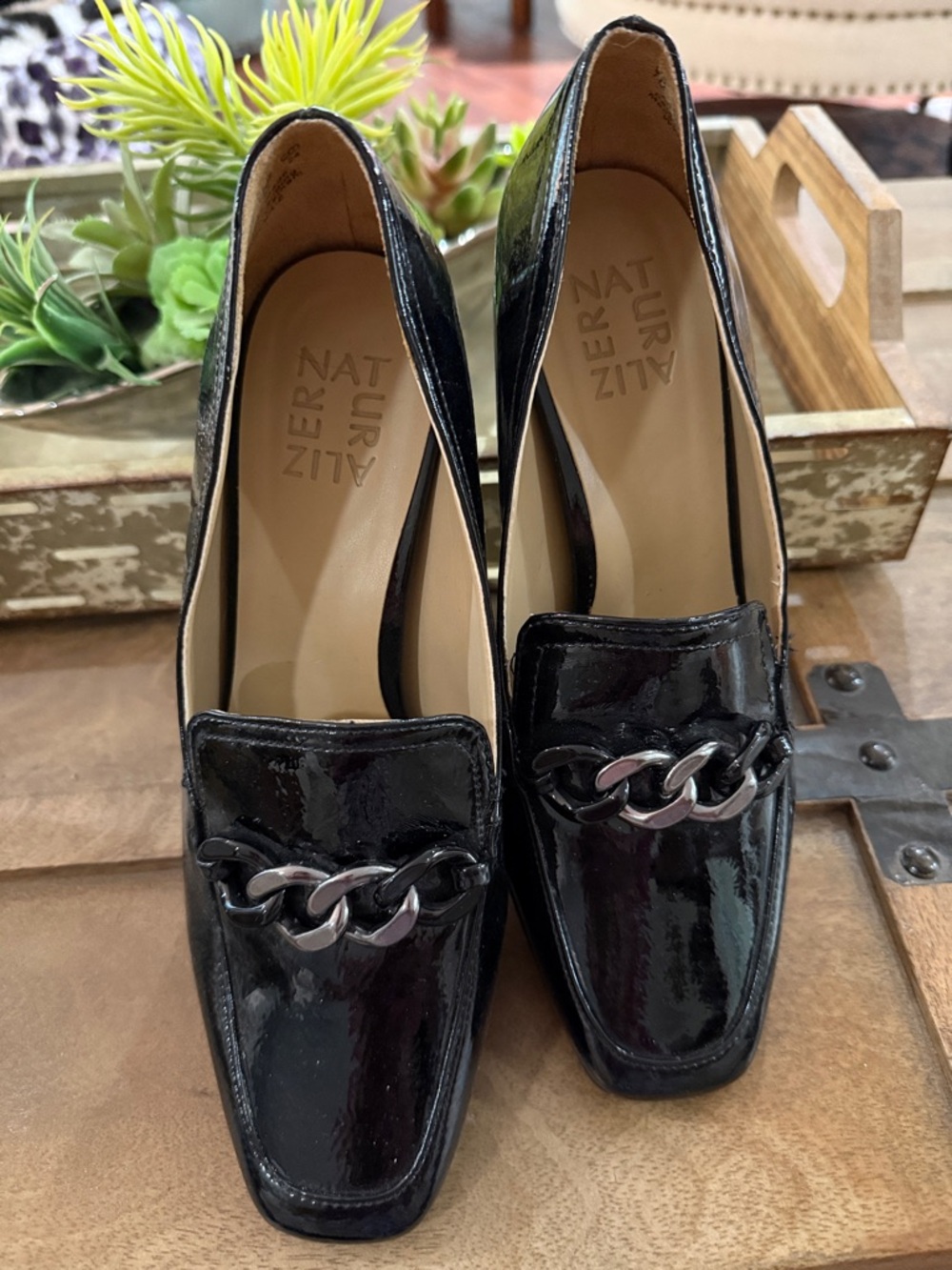 Naturalizer Black Patent Loafers with Silver Chain Trim